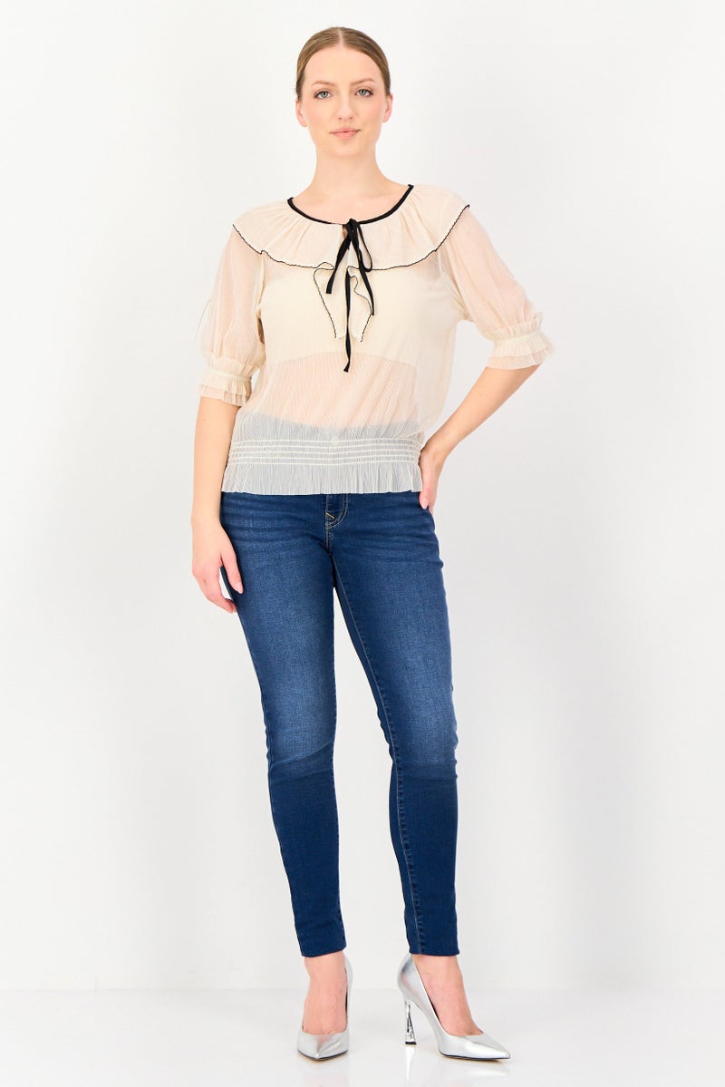 VERO MODA بلوزة قصيرة الأكمام برباط عنق للنساء، بيج - Image 2