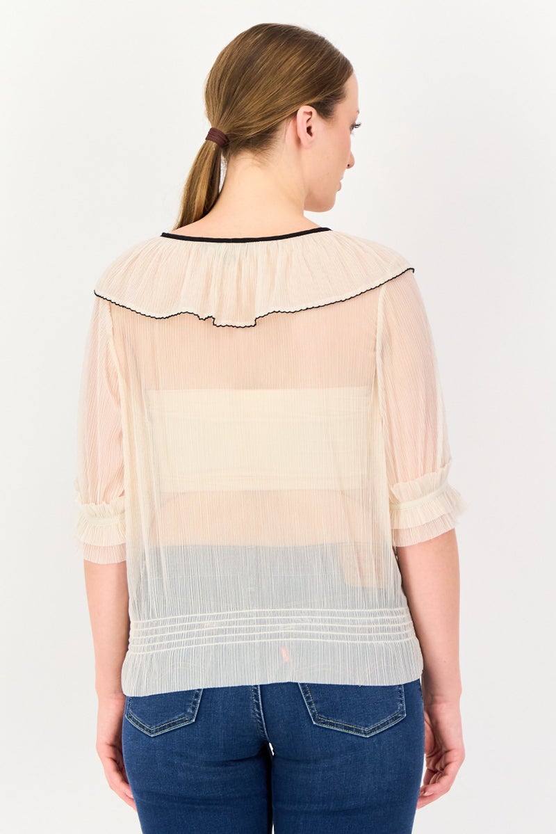 VERO MODA بلوزة قصيرة الأكمام برباط عنق للنساء، بيج - Image 4