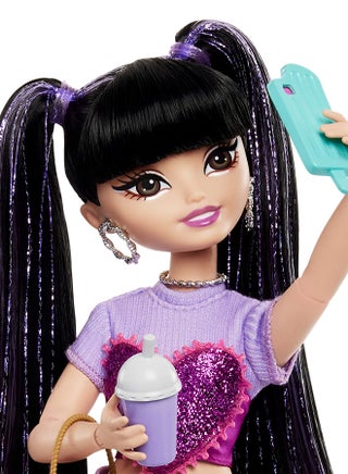 Dream Besties Doll and Accessories, Renee Posable Fashion Doll with Long Black Hair, 11 Video and Food Pieces - view 3