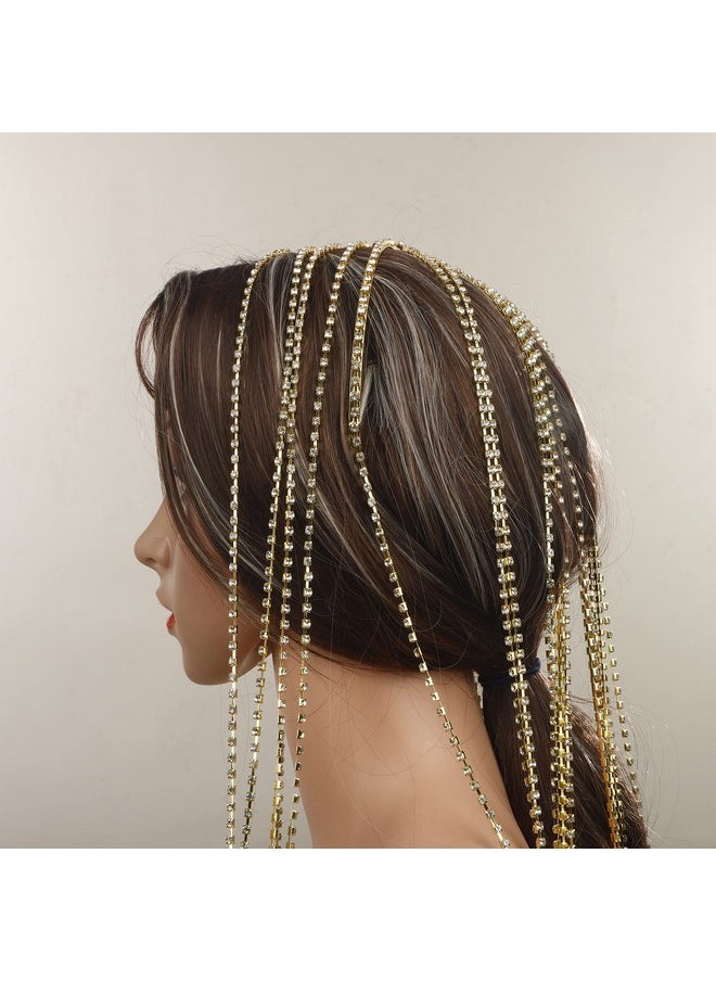 YERTTER - Dainty Gold Sparkly Tennis Chain Rhinestone Headband Long Tassel Chain Headpieces Crystal Hairhoop Headband Hair Accessories For Wedding Brides Party Prom Costume (Gold 2) - Image 1