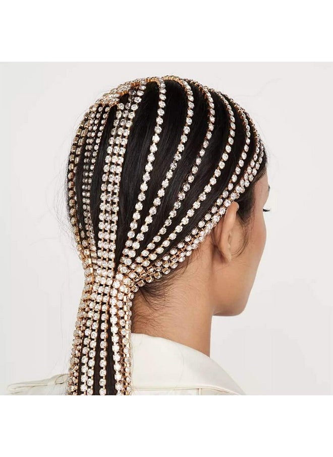 YERTTER - Dainty Gold Sparkly Tennis Chain Rhinestone Headband Long Tassel Chain Headpieces Crystal Hairhoop Headband Hair Accessories For Wedding Brides Party Prom Costume (Gold 2) - Image 1