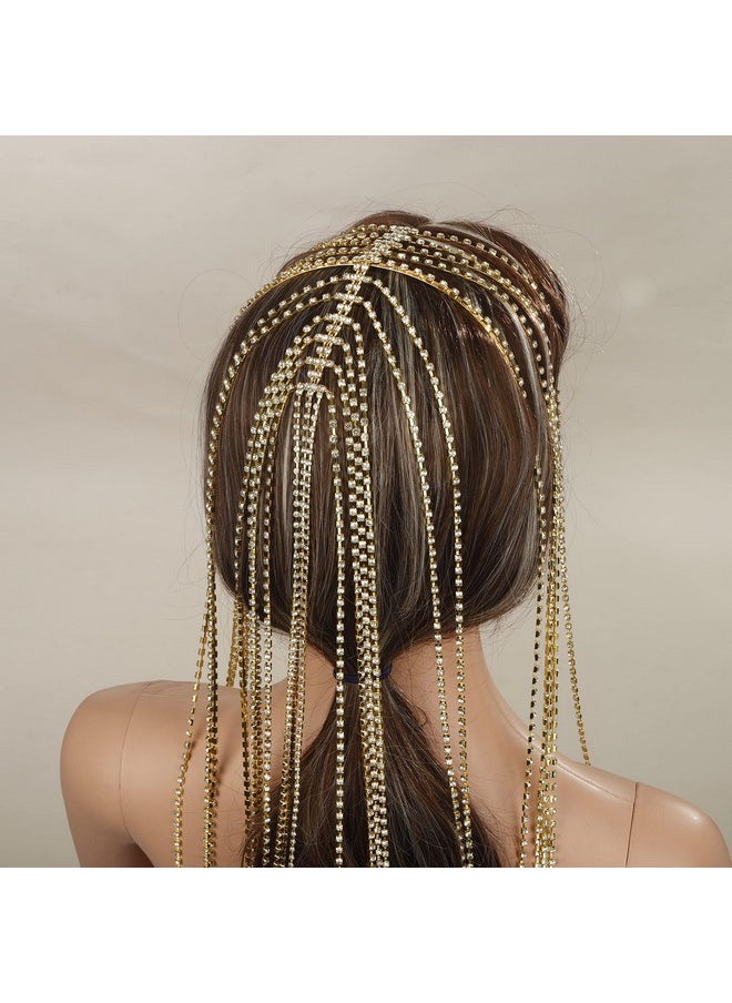 YERTTER - Dainty Gold Sparkly Tennis Chain Rhinestone Headband Long Tassel Chain Headpieces Crystal Hairhoop Headband Hair Accessories For Wedding Brides Party Prom Costume (Gold 2) - Image 1