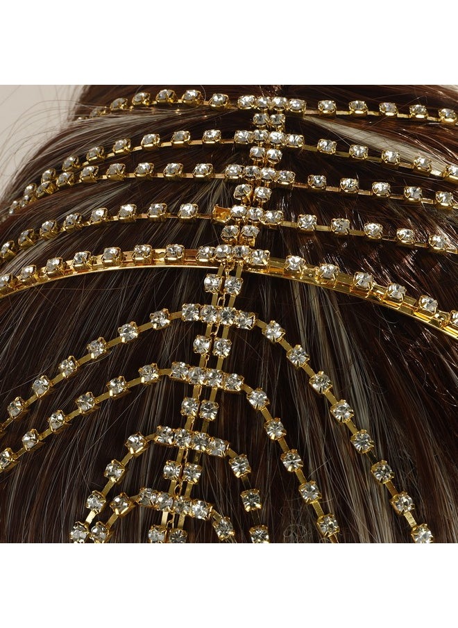 YERTTER - Dainty Gold Sparkly Tennis Chain Rhinestone Headband Long Tassel Chain Headpieces Crystal Hairhoop Headband Hair Accessories For Wedding Brides Party Prom Costume (Gold 2) - Image 1