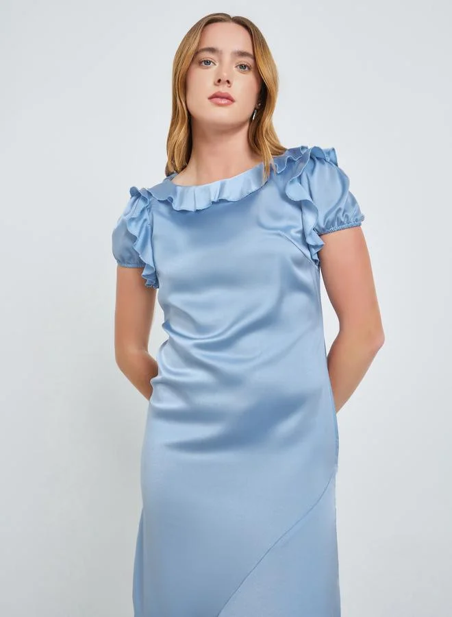 Take Two Blue Satin Midi Dress with Ruffle Detail