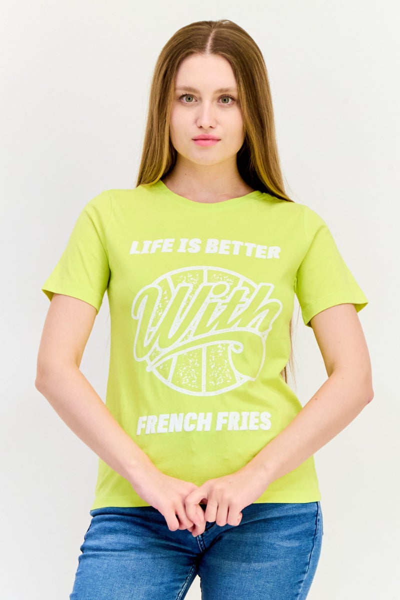 ONLY تي شيرت نسائي بأكمام قصيرة وياقة دائرية بطباعة جرافيك، لون ليموني - Image 1