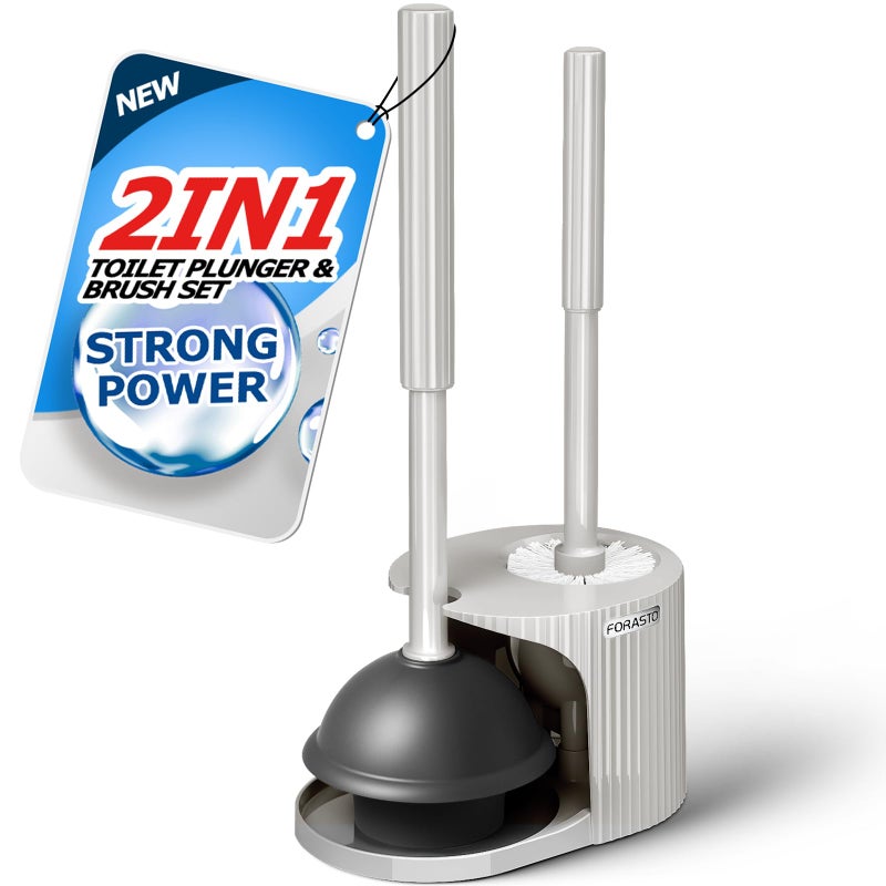 FORASTO 2 in 1 Toilet Plunger and Brush Set,Extended Handle Plunger,Toilet Bowl Brush Plunger Set,Bathroom Cleaning Tools,Cleaning Brush,Toilet Brush Plunger Combo,Cream Greyï¼ˆ21inchï¼‰ - Image 1