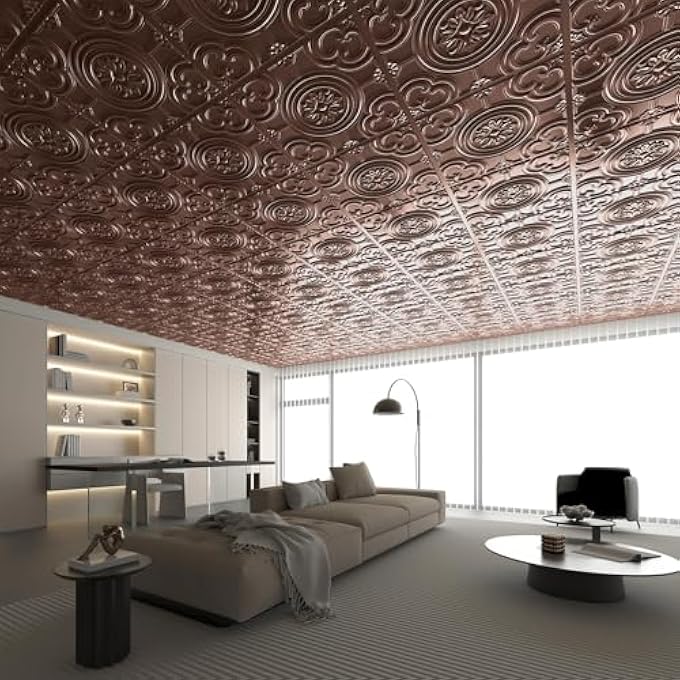 12-PACK 24"X24" DROP CEILING TILES, WATERPROOF GLUE UP CEILING PANELS, ANTIQUE COPPER - Image 3