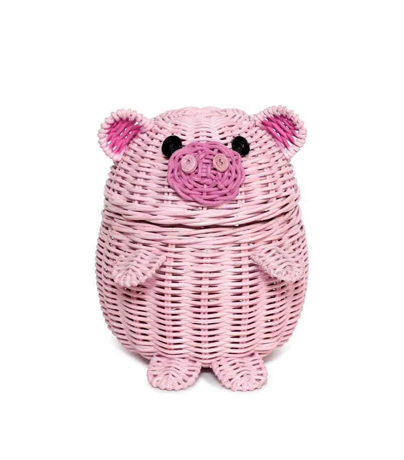 G6 COLLECTION Pig Rattan Storage Basket with Lid Decorative Bin Home Decor Hand Woven Shelf Organizer Cute Handmade Handcrafted Gift Art Decoration Artwork Wicker Pink Piggy (Small) - Image 1