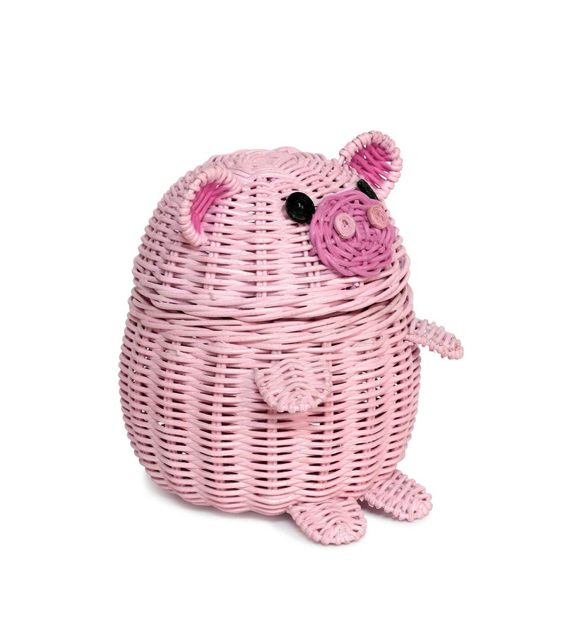G6 COLLECTION Pig Rattan Storage Basket with Lid Decorative Bin Home Decor Hand Woven Shelf Organizer Cute Handmade Handcrafted Gift Art Decoration Artwork Wicker Pink Piggy (Small) - Image 2