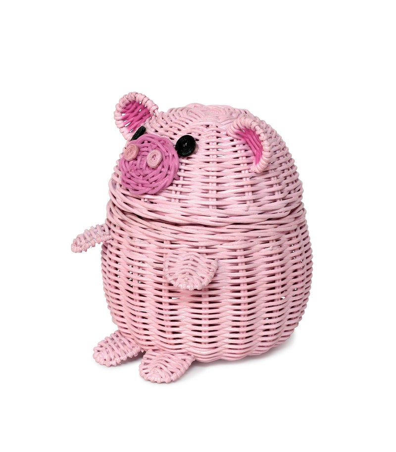 G6 COLLECTION Pig Rattan Storage Basket with Lid Decorative Bin Home Decor Hand Woven Shelf Organizer Cute Handmade Handcrafted Gift Art Decoration Artwork Wicker Pink Piggy (Small) - Image 3