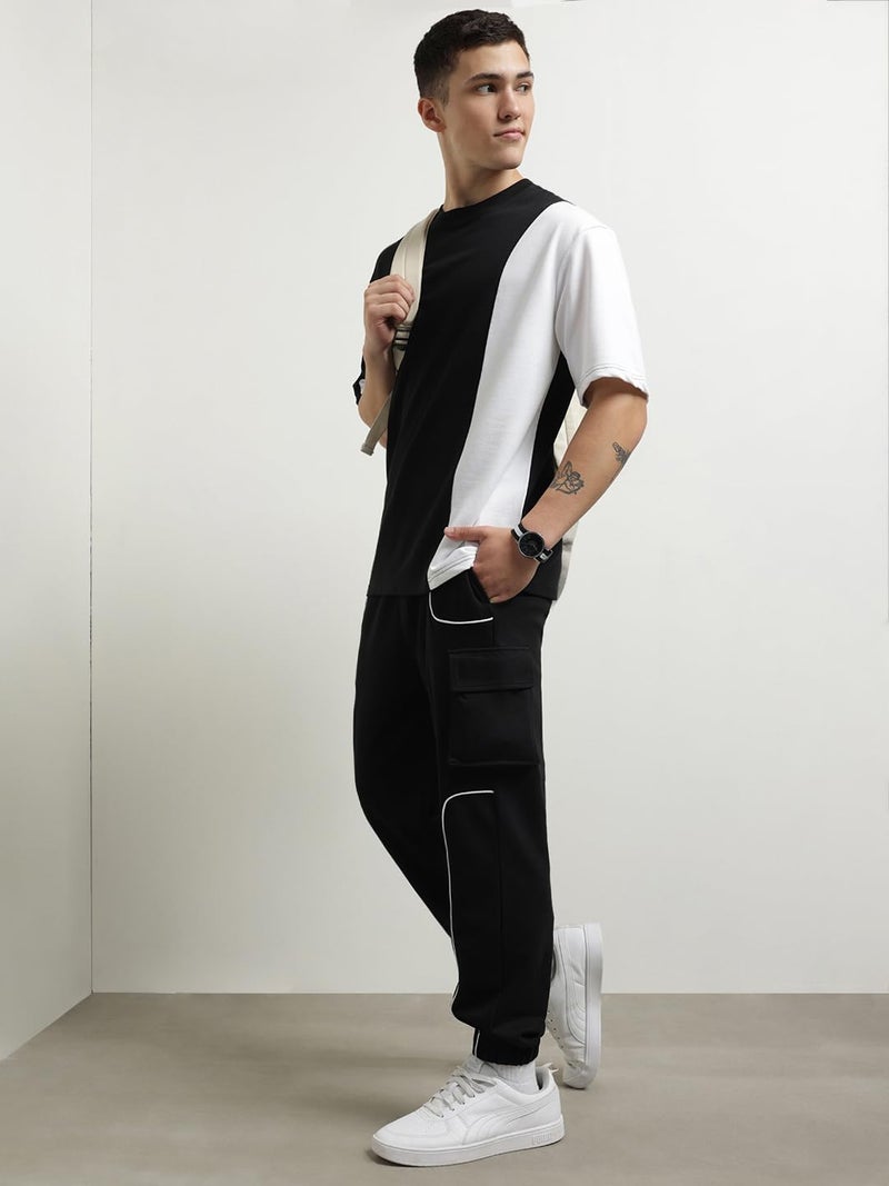 NOBERO Men Cotton Blend Solid Colorblock T-Shirt With Joggers, Black, 2XL - Image 5