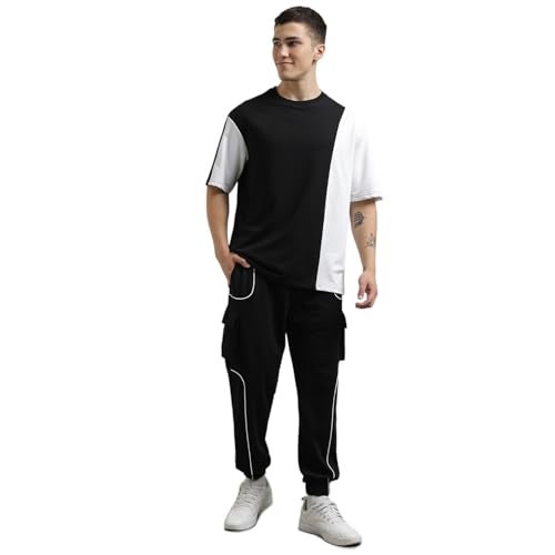 NOBERO Men Cotton Blend Solid Colorblock T-Shirt With Joggers, Black, 2XL - Image 1
