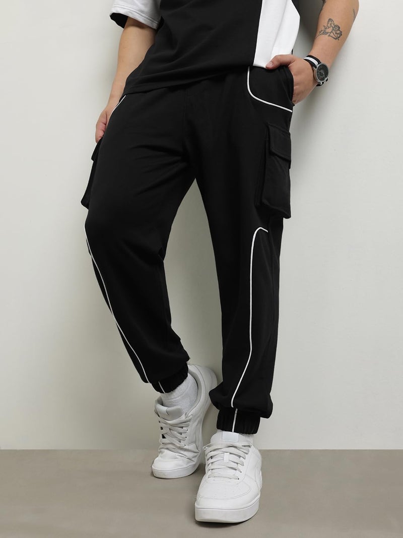 NOBERO Men Cotton Blend Solid Colorblock T-Shirt With Joggers, Black, 2XL - Image 4