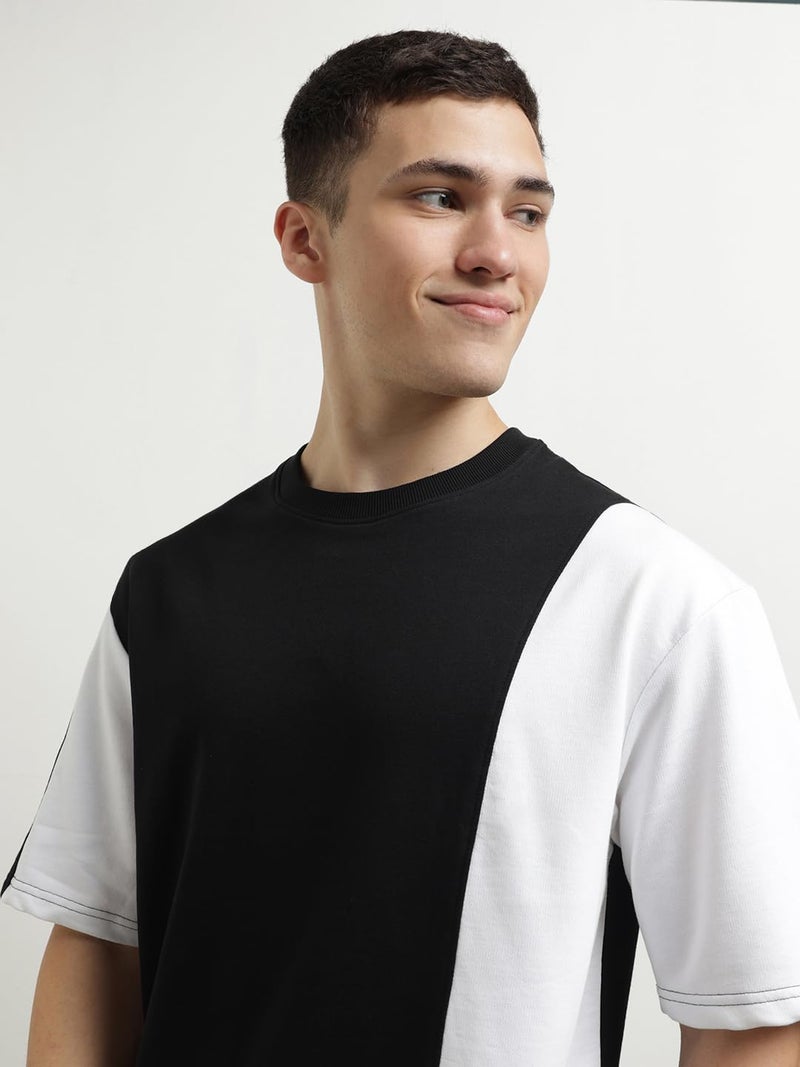 NOBERO Men Cotton Blend Solid Colorblock T-Shirt With Joggers, Black, 2XL - Image 2