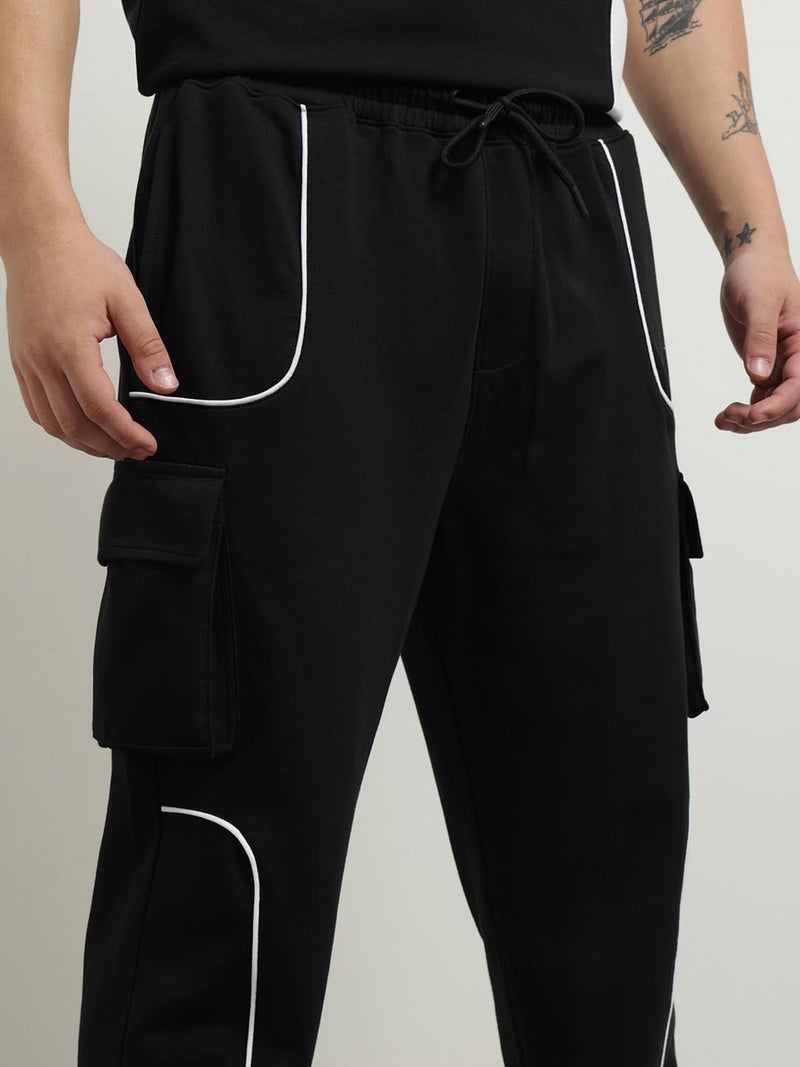 NOBERO Men Cotton Blend Solid Colorblock T-Shirt With Joggers, Black, 2XL - Image 3