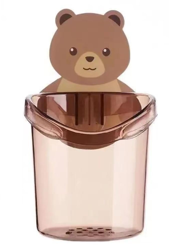 Gugzy Bathroom Bear Hugs Toothbrush Cup Toothpaste Storage Rack Bathroom Wall Mounted Drain Bear Storage Cup Kids Toothbrush Holder Set (1, Brown) - Image 1