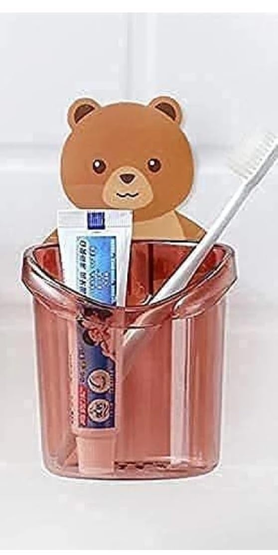 Gugzy Bathroom Bear Hugs Toothbrush Cup Toothpaste Storage Rack Bathroom Wall Mounted Drain Bear Storage Cup Kids Toothbrush Holder Set (1, Brown) - Image 4