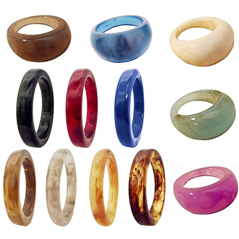 XHBTS 12 Pcs Resin Colorful Wide Thick Dome Knuckle Finger Stackable Joint Ring Retro Acrylic Transparent Vintage Jewelry Party Elegant Handmade Gift - Image 1