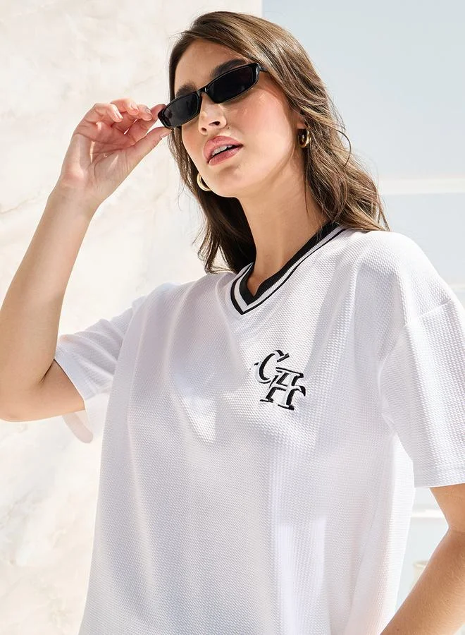 Styli Oversized Contrast Neck Rib Embroidered T-Shirt
