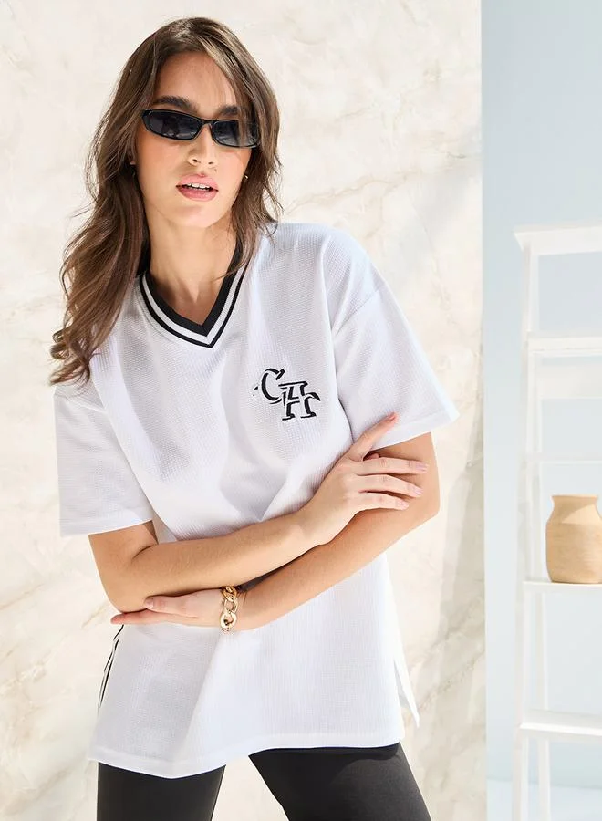 Styli Oversized Contrast Neck Rib Embroidered T-Shirt