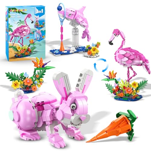 HOGOKIDS Easter Bunny 3 in 1 Pink Building Set with Flowers Animal Figure with 3 Building Options Flamingo Bunny or Dolphin 558PCS Creative Birthday Gift Learning Toy for Kids Girls Boys Age 6 - Image 1