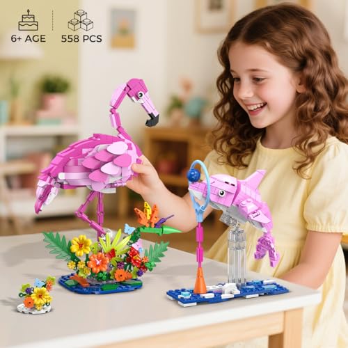 HOGOKIDS Easter Bunny 3 in 1 Pink Building Set with Flowers Animal Figure with 3 Building Options Flamingo Bunny or Dolphin 558PCS Creative Birthday Gift Learning Toy for Kids Girls Boys Age 6 - Image 5