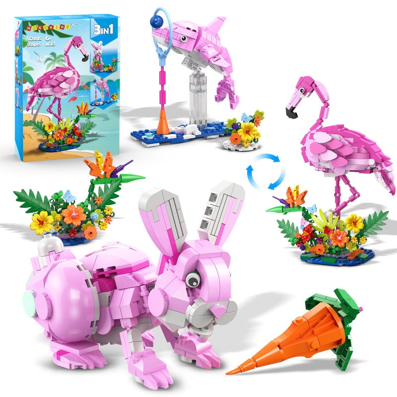 HOGOKIDS Easter Bunny 3 in 1 Pink Building Set with Flowers Animal Figure with 3 Building Options Flamingo Bunny or Dolphin 558PCS Creative Birthday Gift Learning Toy for Kids Girls Boys Age 6 - Image 3