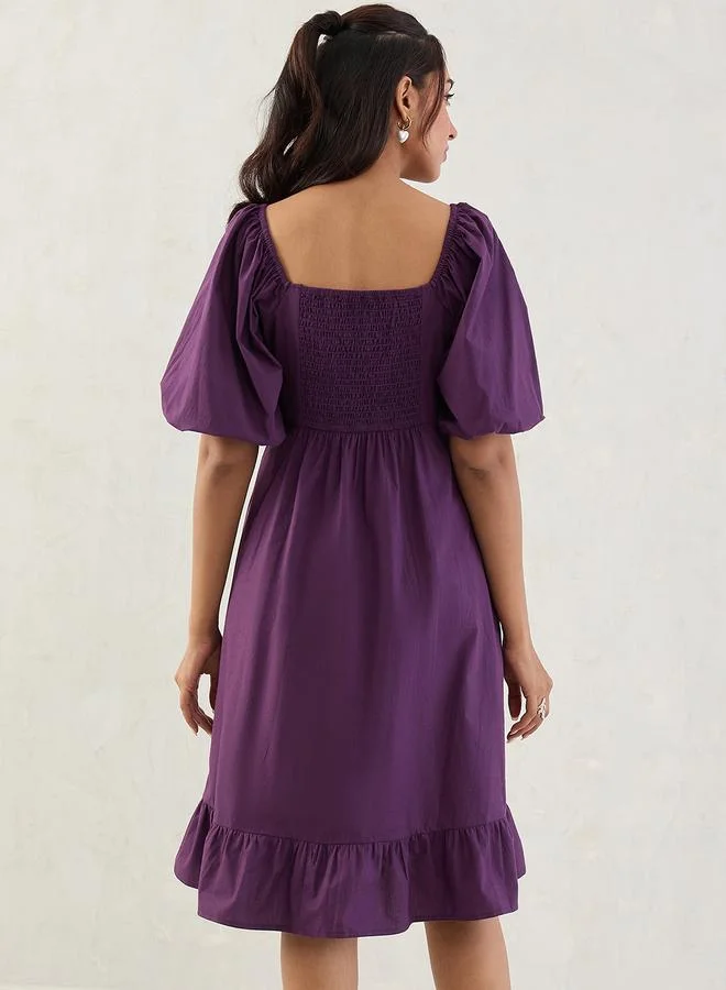 Femmella Purple Poplin Square Neck A-Line Midi Dress with Smocked Back