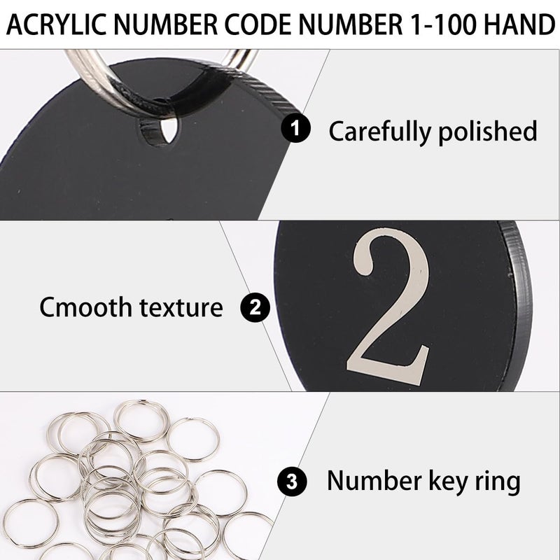 100 Acrylic Number Key Tags 1-100 Dark with Metal Rings for Hotel Restaurant - Image 5
