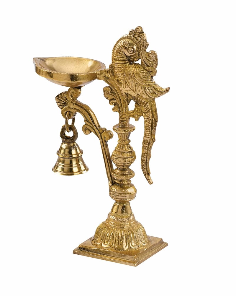 DEVDECOR Brass Peacock Decorative Diya with Traditional Bell Antique Deepak Design Table Decor with Stand Home Diwali Gift Temple Pooja Gold Colour 20X125X8cm 0687 gram