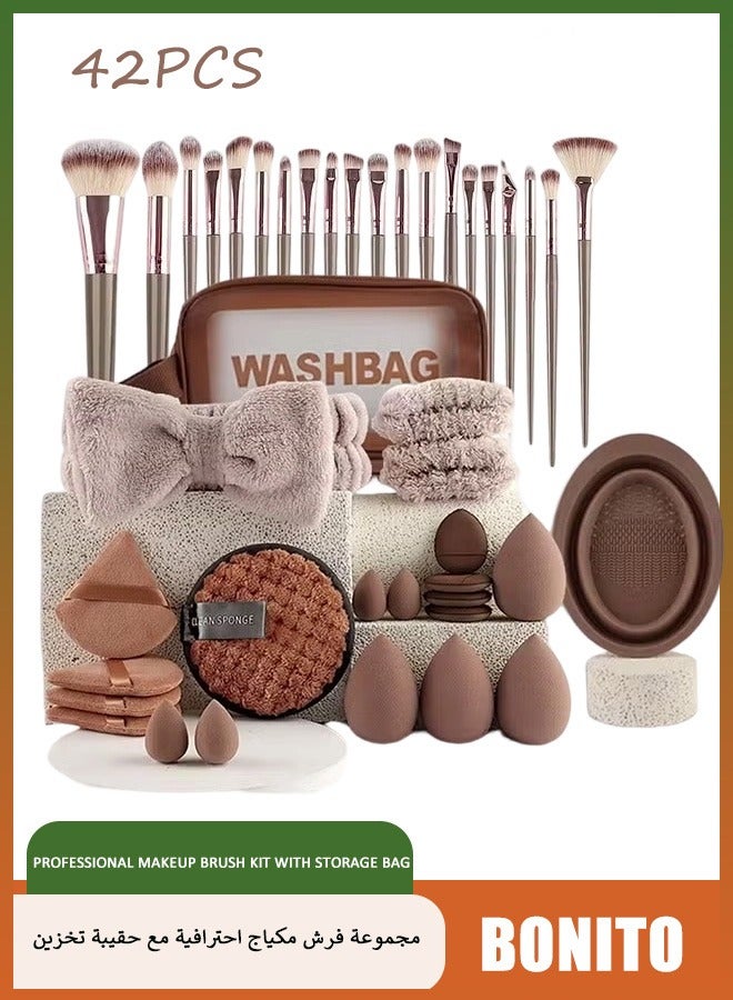 بونيتو طقم فرش مكياج احترافي 42 قطعة مع حقيبة تخزين – فرش صناعية ممتازة للأساس، البودرة، ظلال العيون، البلاشر والكوسيلر، إسفنج وباف – طقم كامل للوجه والعين – هدية للنساء والفتيات - Image 1