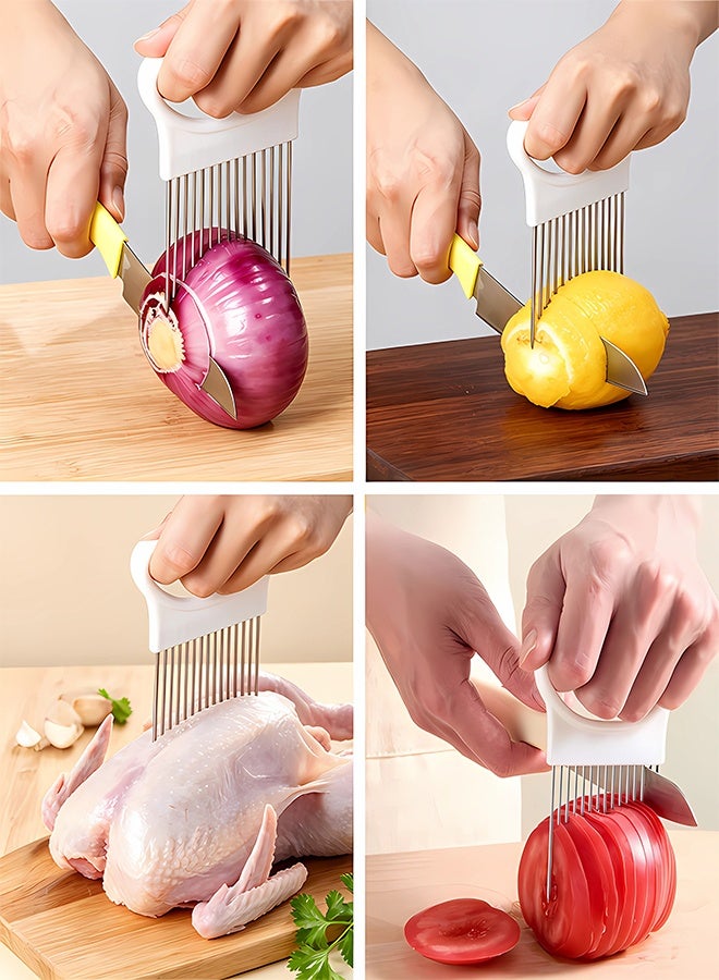 Warme 1PCS Multi-Purpose Stainless Steel Onion Holder Slicer, Meat Tenderizer Needle, Vegetable Fruit Slicing Fixing Fork for Barbecue, Kabsa, Lemon Slicer Vegetable Cutter Chopper Slicing Assistant Tool for Meat Onion Potato Tomato Home Home Kitchen Prep White - Image 3