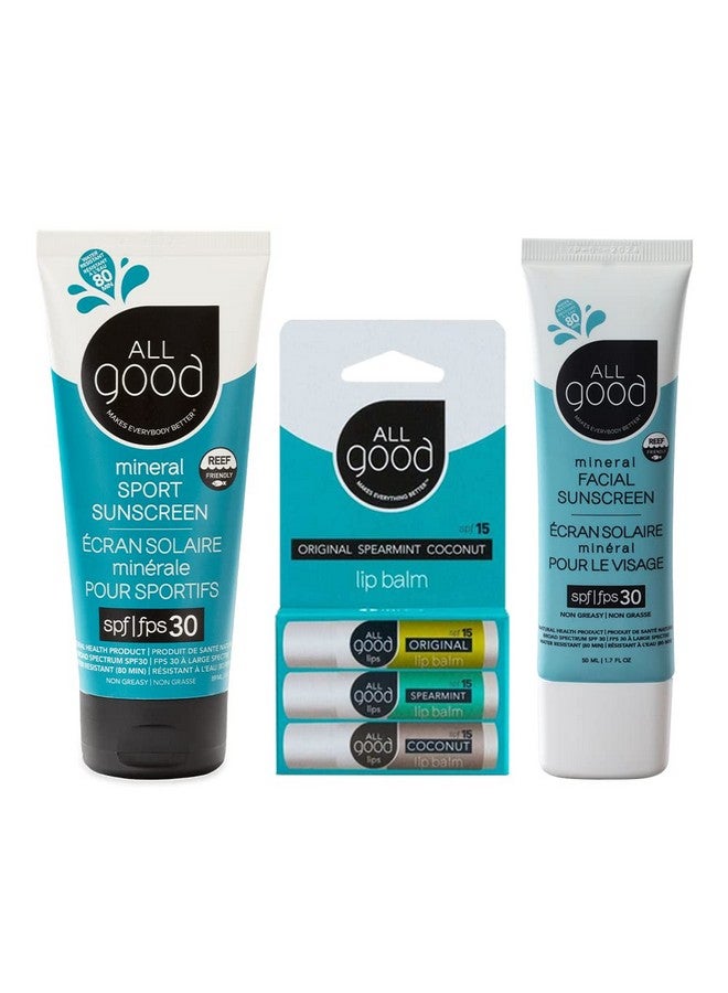 آول جود ميكس ايڤريثينج بيتر مجموعة مرطب الشفاه All Good SPF 15، وواقي الشمس المعدني والوجه - طيف واسع SPF 30+، مقاوم للماء - تتضمن (1) واقي شمسي رياضي SPF 30، (1) مرطب شفاه SPF 15 3-Pack و(1) واقي شمسي للوجه - Image 1