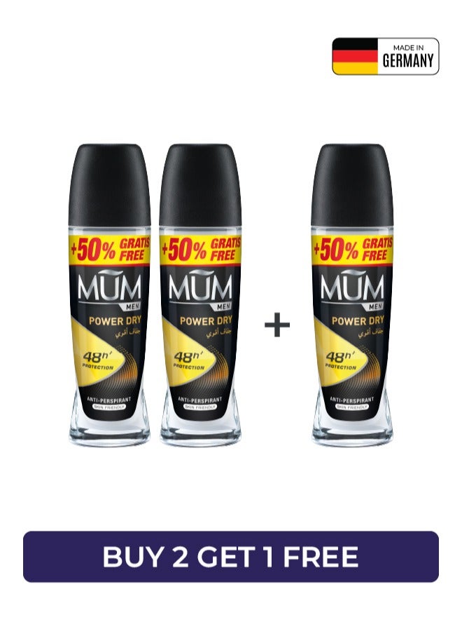 MUM Deodorant Roll-on - Men Power Dry, 48-Hrs Protection, Quick Drying Formula For All Skin Type, Pack of 3, 75ml Each - Image 1