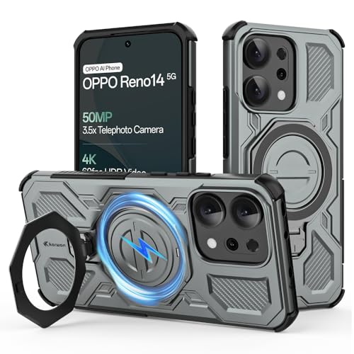 KARWAN Tough Shockproof Armor Back Case Cover Compatible with Oppo Reno 14 with 360 Degree Rotation Magnetic Attraction Ring, Holder Heavy Duty Rugged Cover with MagEaze Wireless Charging (Grey) - Image 1