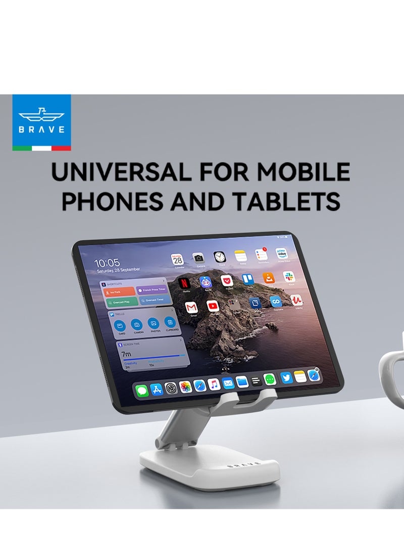 Brave Universal Foldable Adjustable Phone & Tablet Stand | Portable Desk Holder for iPhone Air, iPhone 17/17 Pro/17 Pro Max, iPhone 16/15/14/13/12 Series, iPad Pro/Air/Mini, Samsung Galaxy S25/S24/S23 Ultra, Tablets & Smartphones | Height & Angle Adjustable Metal/ABS Stand, Lightweight & Compact – White - Image 3