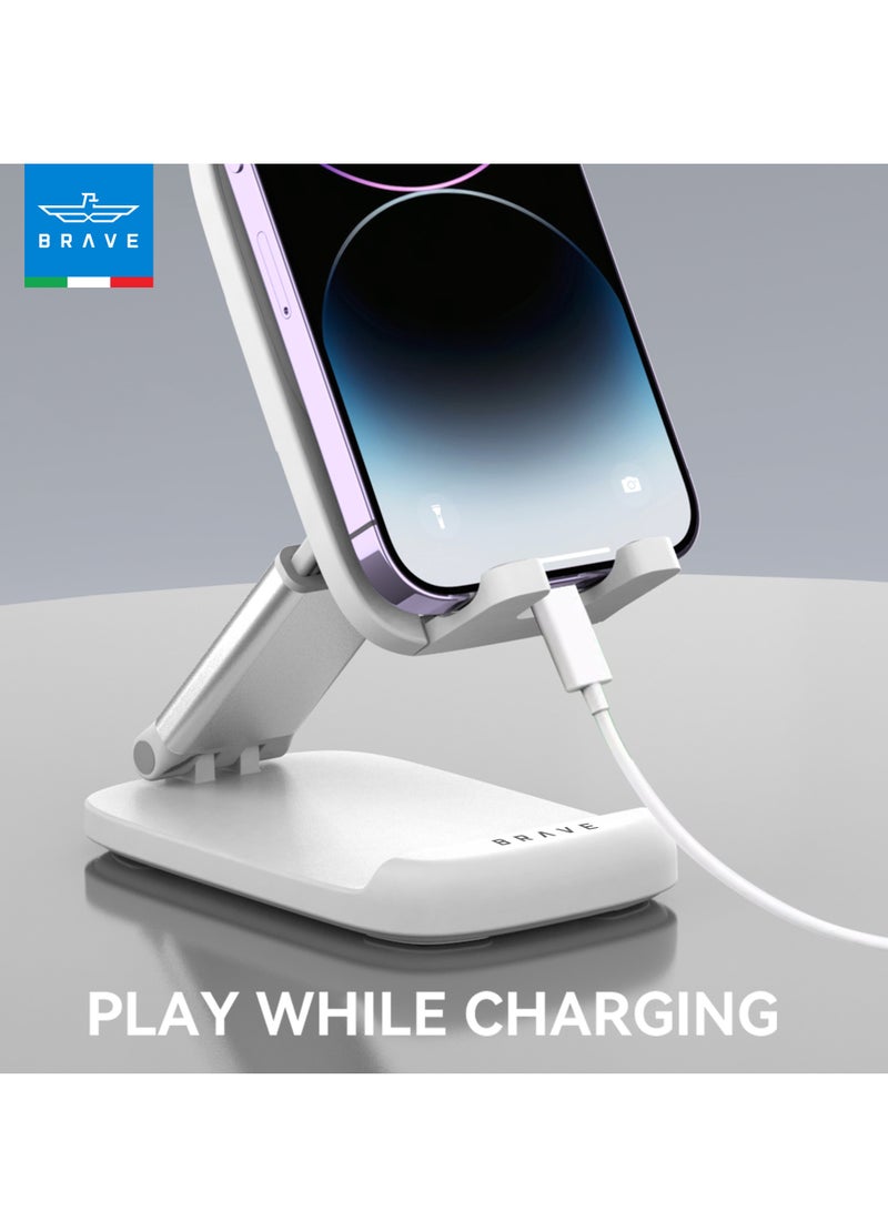 Brave Universal Foldable Adjustable Phone & Tablet Stand | Portable Desk Holder for iPhone Air, iPhone 17/17 Pro/17 Pro Max, iPhone 16/15/14/13/12 Series, iPad Pro/Air/Mini, Samsung Galaxy S25/S24/S23 Ultra, Tablets & Smartphones | Height & Angle Adjustable Metal/ABS Stand, Lightweight & Compact – White - Image 4