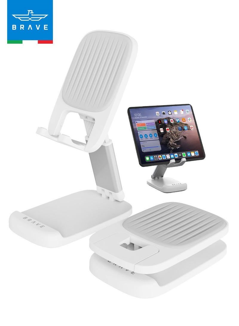 Brave Universal Foldable Adjustable Phone & Tablet Stand | Portable Desk Holder for iPhone Air, iPhone 17/17 Pro/17 Pro Max, iPhone 16/15/14/13/12 Series, iPad Pro/Air/Mini, Samsung Galaxy S25/S24/S23 Ultra, Tablets & Smartphones | Height & Angle Adjustable Metal/ABS Stand, Lightweight & Compact – White - Image 1