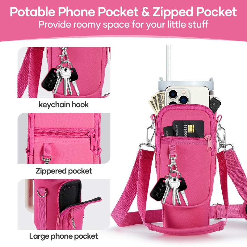 linmaya Water Bottle Carrier Bag for Stanley Cup 40/30oz with Phone Holder Pockets,Neoprene Water Bottle Cross-body Bag with Adjustable Shoulder & Hand Strap Stanley Cup Accessories - Image 4