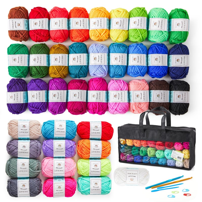 Inscraft 48 PCS Crochet Yarn Kit 1400 Yards 40 Colors Acrylic Yarn Skeins 2 Crochet Hooks 2 Weaving Needles 4 Stitch Markers 1 Bag for Crocheting  Knitting Gift for Beginners and Adults