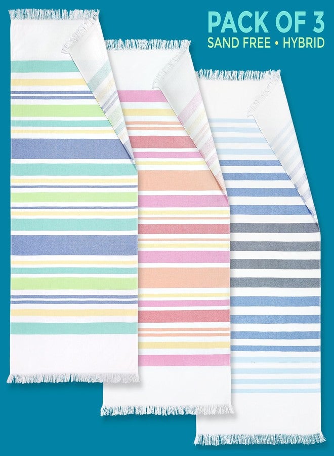 Beachland Fringe Beach Towel 30 x 60 inch Sand Free Flat Woven in Front and Absorbent Terry on Reverse Cotton Turkish Style (Assorted, Pack of 3) - Image 2