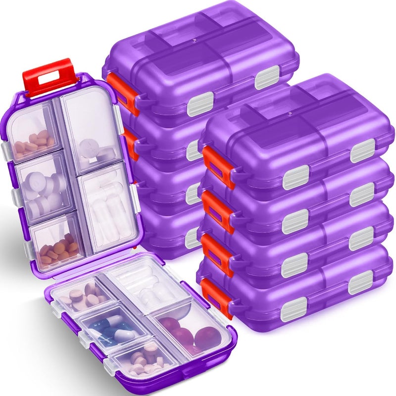 Meekoo 8 Pcs Travel Pill Organizer Pocket Portable Pill Case Daily Container Small Pharmacy Container Medicine Travel with 10 Compartments for Purse Fish Oil Medicine(Purple)
