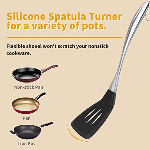 Baskety Heat Resistant Silicone Spatula Slotted Turner Non-Stick Wok Turner in Hygienic Solid Coating Cookware Kitchen Tools with Steel Handle (Black) - Image 3