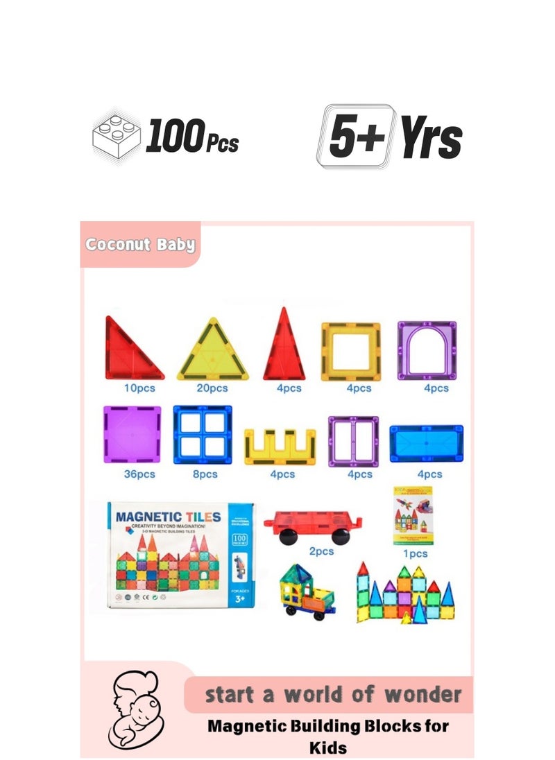 Magnetic Building Blocks for Kids, 3D Magnetic Puzzle Stacking Blocks for Boys and Girls, 100 Pieces Premium Set with 2 Cars. Best Gift for Kids 5 6 7 8 9 10 Years Old  - Image 1