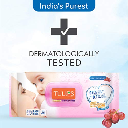 Tulips Sensitive Baby Wet Wipes LID Pack (72 Wipes x 2 Pack), for Gentle Cleaning/Moisturising, Rash Free, 99% Purified Water with Grapefruit Extracts - Image 3