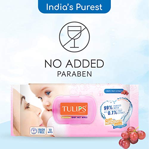 Tulips Sensitive Baby Wet Wipes LID Pack (72 Wipes x 2 Pack), for Gentle Cleaning/Moisturising, Rash Free, 99% Purified Water with Grapefruit Extracts - Image 5