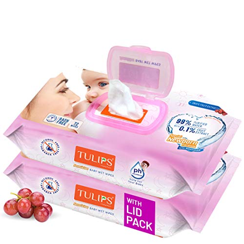 Tulips Sensitive Baby Wet Wipes LID Pack (72 Wipes x 2 Pack), for Gentle Cleaning/Moisturising, Rash Free, 99% Purified Water with Grapefruit Extracts - Image 1