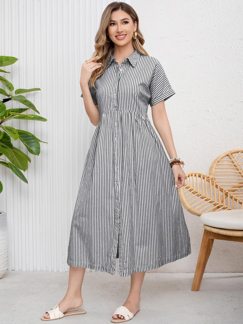 ebossy Women's Boho Striped Shirt Dress Button Up Side Slit Loose Mid Long Cotton Dress with Pockets (3XL, Black) - Image 2