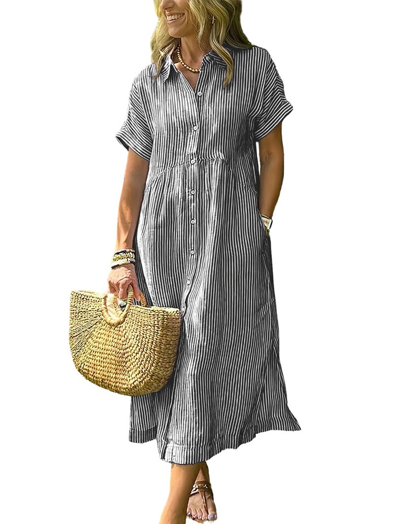 ebossy Women's Boho Striped Shirt Dress Button Up Side Slit Loose Mid Long Cotton Dress with Pockets (3XL, Black) - Image 1