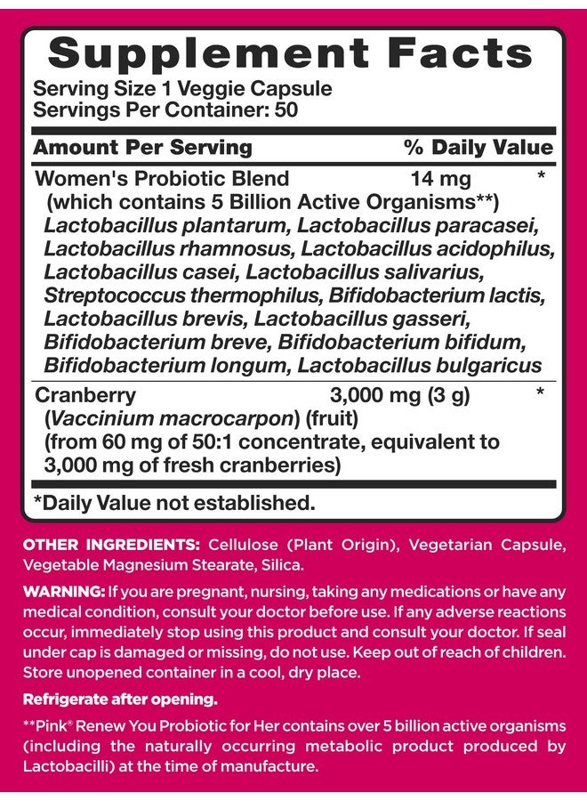 PINK Probiotics For Women ; 50 Veggie Capsules ; 5 Billion Cfu ; Plus Cranberry ; Vegetarian Nongmo & Gluten Free Supplement - Image 3